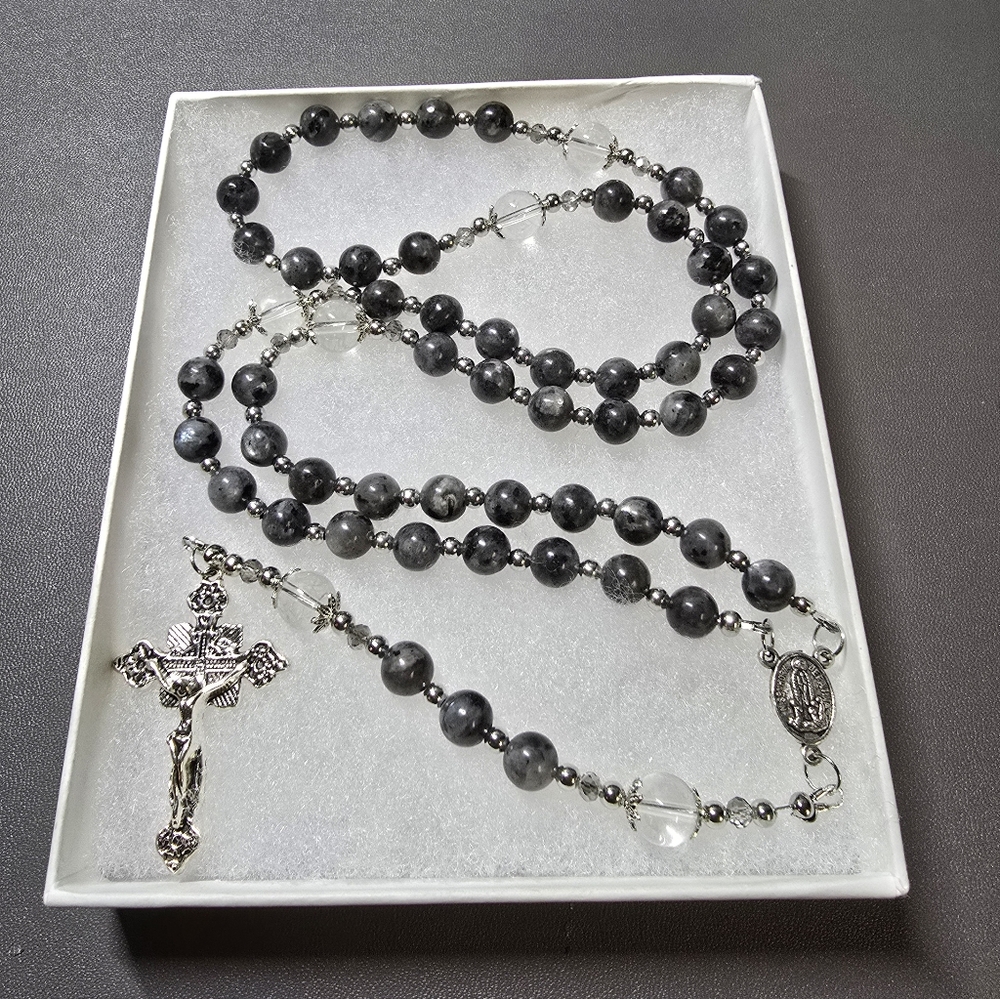 Large One Of A Kind Hand Crafted Rosary Made With Larkivite And Quartz
